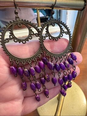 Black Filigree Chandelier Earrings with Purple Beads